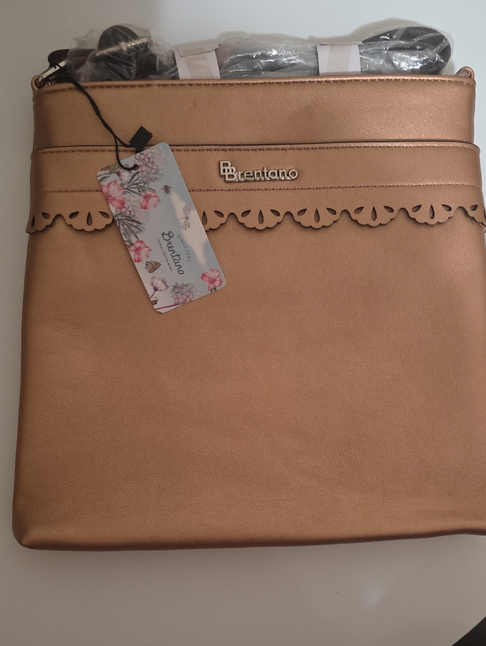 Brentano Metallic Rose Gold Crossbody Bag with Scallop Trim